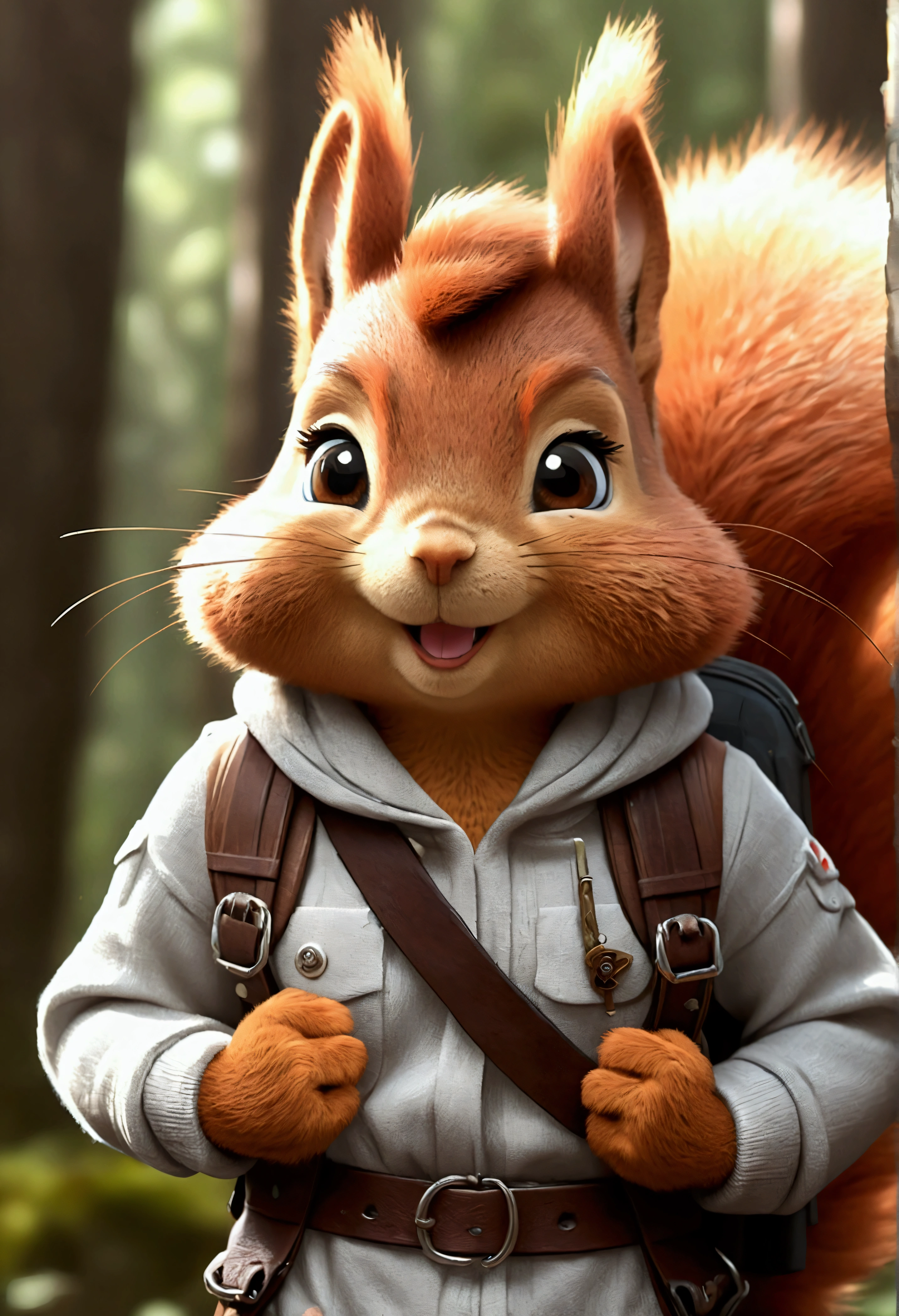 Best Quality, super detailed illustration, (fluffy squirrel boy:1.4) , female face and body, thick and unkempt hair, adventurer equipment, cocky smile, half closed eyes , femboy, small waist, Wide hips, delgado, perfect body, DND style