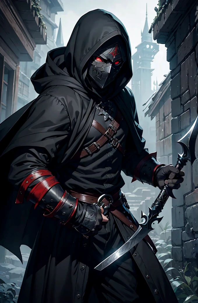 "An assassin, male, fantasy character, physically strong, wearing a skull mask covering his face and eyes, dressed in black medieval attire, with a white hooded cloak over it, gray hair, short hair, red eyes, holding a dagger, nighttime background."