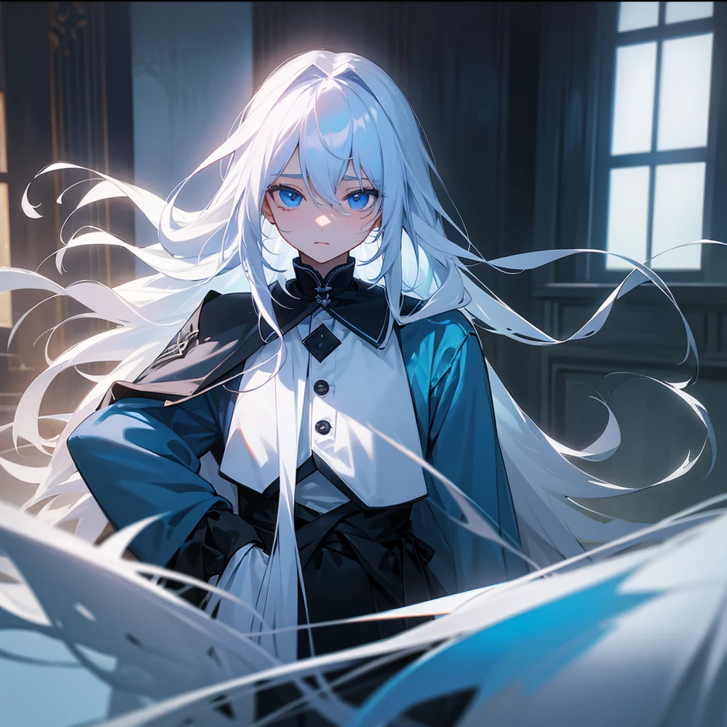 A high school student with long white hair、Private Server、Inside the house、My Room、Blue-black jersey、blue eyes、Staring at me、Dark atmosphere、There is pity、Highest quality
