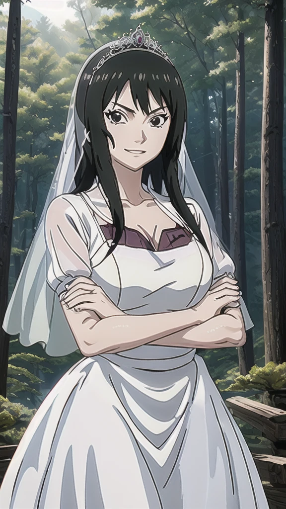 masterpiece, best quality, shizune, looking at viewer, forest, serious, cowboy shot, crossed arms, 1girl, anime style, solo, wedding dress, white dress, satin, lace, ballgown st, perfect face, perfect hands , detailed, veil, tiara, hd, 8k, (masterpiece), best quality, expressive eyes, perfect face, good hands, best hands, smiling, anime screenshot, vibrant colors, balanced lighting, holding bouquet, cute, beautiful