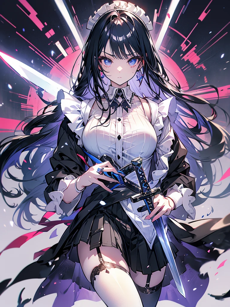 maid outfit cool straight face sword two-sword style pretty long black hair