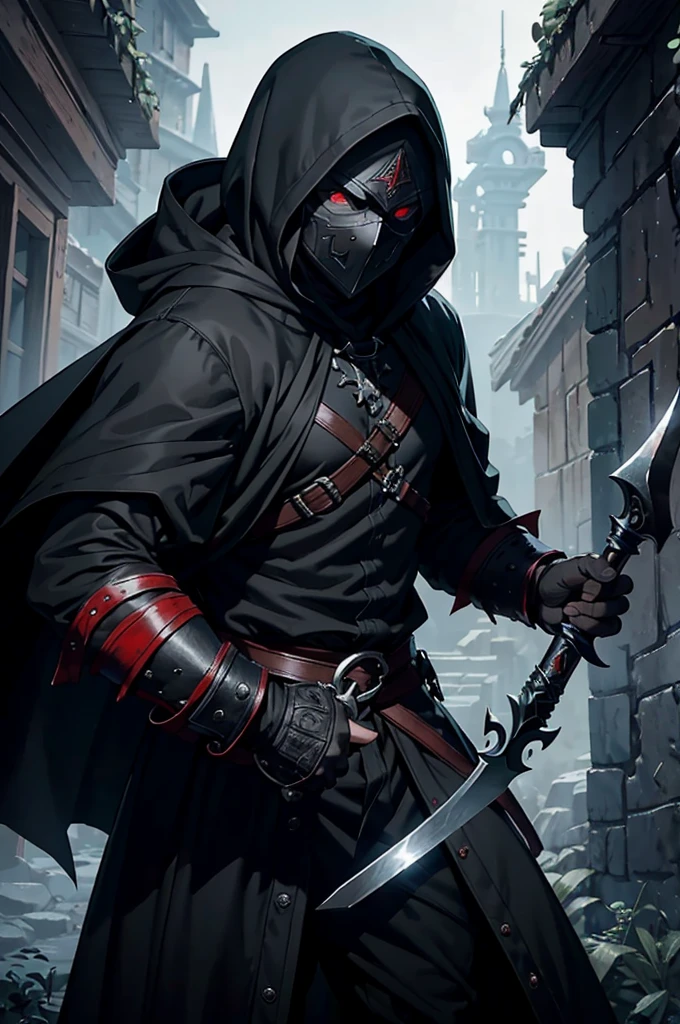 "An assassin, male, fantasy character, physically strong, wearing a skull mask covering his face and eyes, dressed in black medieval attire, with a white hooded cloak over it, gray hair, short hair, red eyes, holding a dagger, nighttime background."
