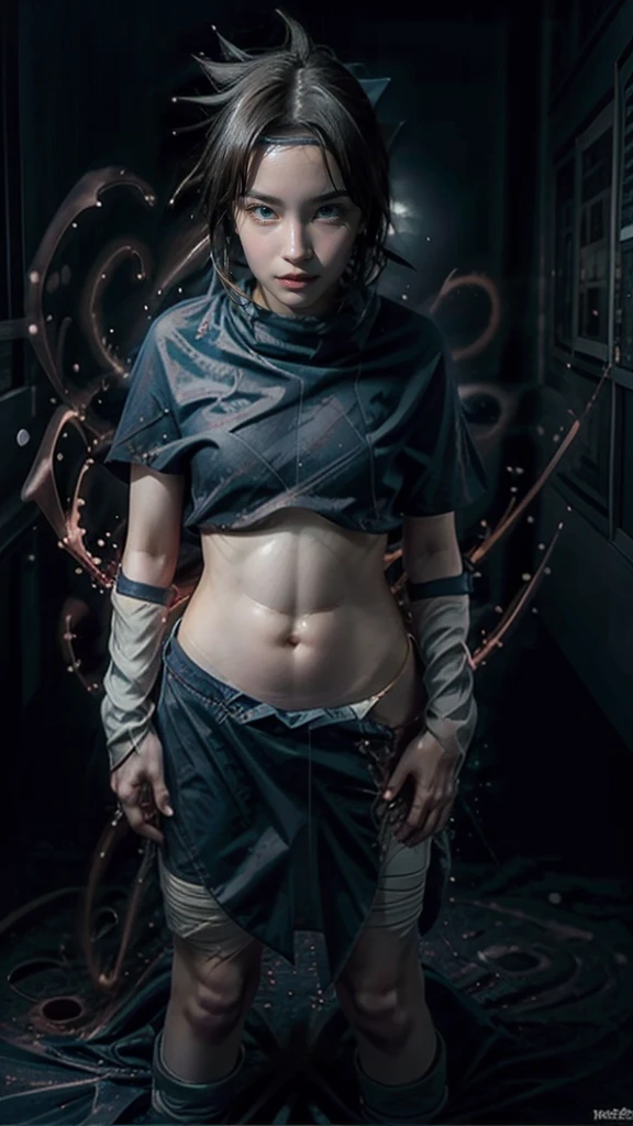 Moisturized skin, (red eyes), realistic body, (adult female body), energetic, (16 years old), (girl),
BREAK,
bright red lipstick, (beautiful navel), (black hair), (Uchiha Sasuke's clothes: 1.3),
BREAK,
((masterpiece + highest quality + high resolution + highly detailed)), (full body: 1.2), symmetrical, one shot,
BREAK,
(electric shock), (wind blows), (blue electricity), (battle stance: 1.4),
BREAK,
(large Japanese sword), ninja clothes, inside a mansion, assassination, cuts, kunai, fantastical, dynamic,