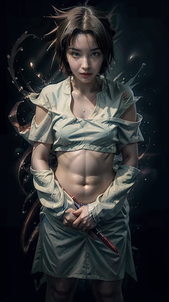 Moisturized skin, (red eyes), realistic body, (adult female body), energetic, (), (girl),
BREAK,
bright red lipstick, (beautiful navel), (black hair), (Uchiha Sasuke's clothes: 1.3),
BREAK,
((masterpiece + highest quality + high resolution + highly detailed)), (full body: 1.2), symmetrical, one shot,
BREAK,
(electric shock), (wind blows), (blue electricity), (battle stance: 1.4),
BREAK,
(large Japanese sword), ninja clothes, inside a mansion, assassination, cuts, kunai, fantastical, dynamic,