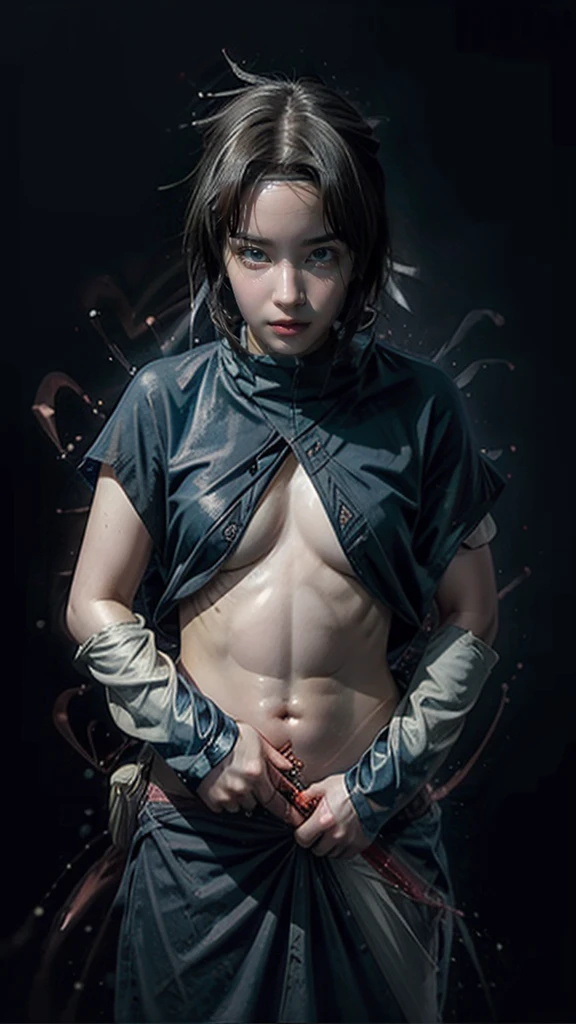 Moisturized skin, (red eyes), realistic body, (adult female body), energetic, (), (girl),
BREAK,
bright red lipstick, (beautiful navel), (black hair), (Uchiha Sasuke's clothes: 1.3),
BREAK,
((masterpiece + highest quality + high resolution + highly detailed)), (full body: 1.2), symmetrical, one shot,
BREAK,
(electric shock), (wind blows), (blue electricity), (battle stance: 1.4),
BREAK,
(large Japanese sword), ninja clothes, inside a mansion, assassination, cuts, kunai, fantastical, dynamic,