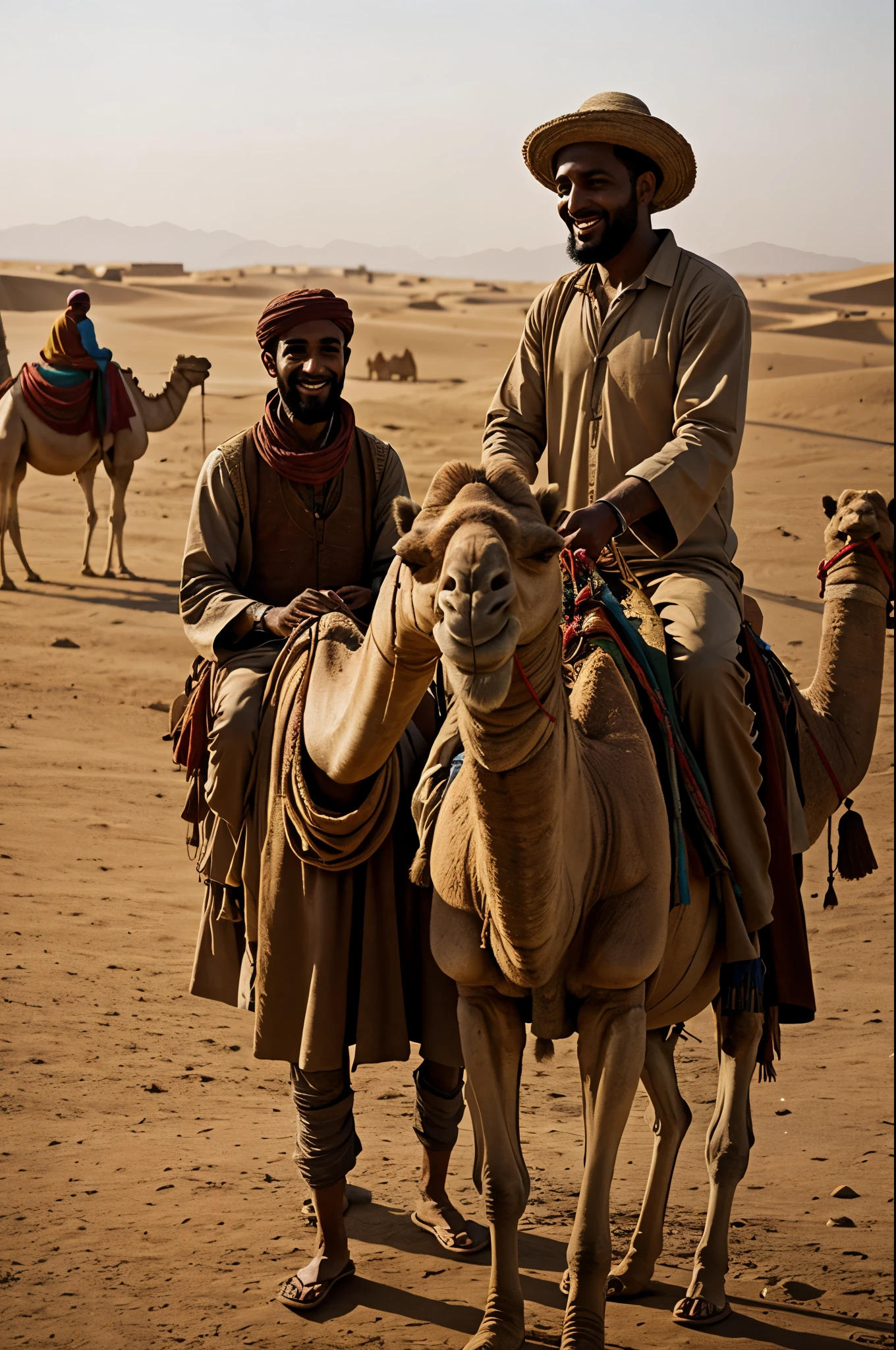 The merchant finds his camel at Yusuf’s farm. His face shows relief and joy."