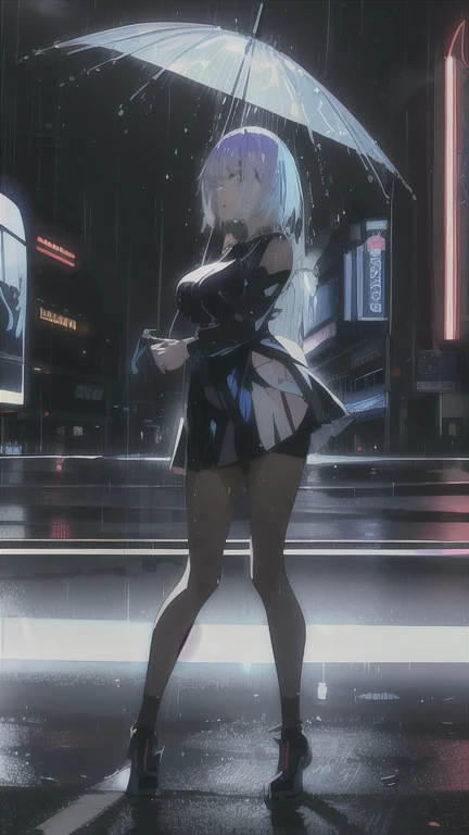 ultra-detailed, high resolution、anime、One woman, City of night,　rain,　Neon Signs、Your clothes are wet、Deep blue tight skirt、The light reflects on the road、Not holding an umbrella、Full body portrait、