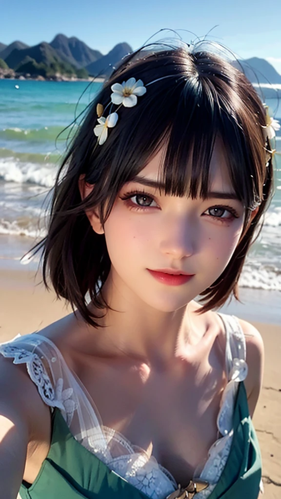 (nnlnnx_1985-1987_v1.4g:0.5), nnlnnx, short hair, (sharp focus:1.2), portrait, attractive young woman, (beautiful face:1.1), detailed eyes, luscious lips, (eye makeup:1.2), (tight body:1.2), wearing (flowery dress:1.2) at (the beach:1.2). (morning sun lighting:1.2), depth of field, bokeh, 4K, HDR. by (James C. Christensen:1.2|Jeremy Lipking:1.1).