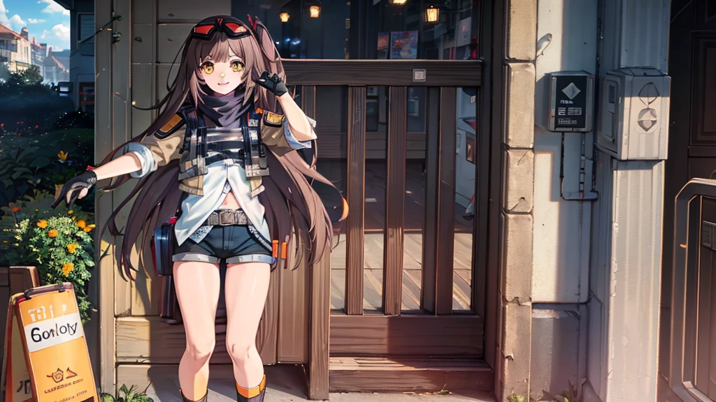 ((masterpiece)),(best quality),official art,extremely detailed CG,unity 8k wallpaper,ultra detailed,beautiful detailed eyes,extremely detailed face,outdoors,1girl,solo,cowboy shot,looking at viewer,facing viewer,smile,very long hair,brown hair,one side up,goggles on head,yellow eyes,bangs,brown jacket,black scarf,white shirt,black gloves,small breasts,sleeves rolled up,belt,black shorts,short shorts,shorts rolled up,bare legs,bandaid on leg,bandaid on knee,orange socks,boots,