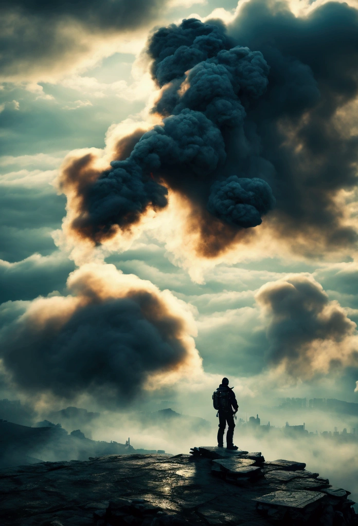a skier sits on the railing and smoke billows in the background, in front of the smoke behind, in front of dark smoke, darkwave gothic aesthetics, I look at the sky, Cyberpunk-streetwear, photo of a man, The Virtual Self, HQ 4K Phone Wallpaper, in clouds of smoke, epic 3d abstract, with smoke, a flock of birds flying in the background, 