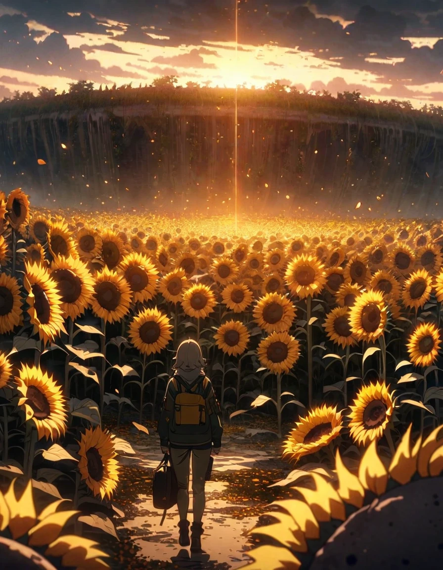 anime scenery, anime aestetics, huge sunflower, rotten sunflower, old farmfield, flies in the air, sad atmosphere, glowing light orange seeds, spiky stem, old flower, toxic swamp,toxic yellow fog, dim light, front view, wide shot, atmospheric perspective, perspective, pov, 8k, highres, best quality, award winning, super detail, masterpiece