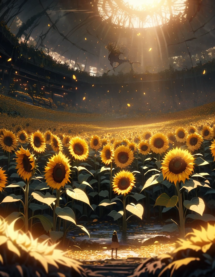  anime scenery, anime aestetics, huge sunflower, rotten sunflower, old farmfield, flies in the air, sad atmosphere, glowing light orange seeds, spiky stem, old flower, toxic swamp,toxic yellow fog, dim light, front view, wide shot, atmospheric perspective, perspective, pov, 8k, highres, best quality, award winning, super detail, masterpiece
