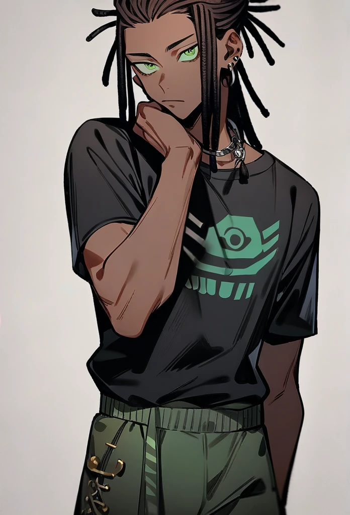 (1boy,jujutsu kaisen) solo, (emo style), (brown skin color),short ((dreadlock hairstyle)), green eyes, masterpiece, best quality, high quality.