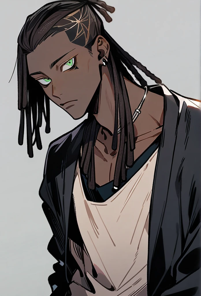 (1boy,jujutsu kaisen) solo, (emo style), (brown skin color),short ((dreadlock hairstyle)), green eyes, masterpiece, best quality, high quality.