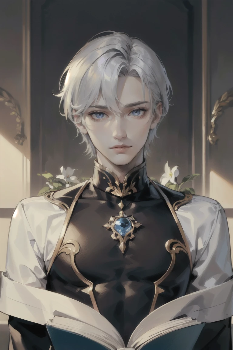 ((Highest quality)), ((masterpiece)), (detailed),One Man,Silver Hair,blue eyes,whole body,Beautiful Men,Perfect body,Beautiful Youth,adult,detailed,Detailed.2 block hair,Short hair that is not trimmed,good looking