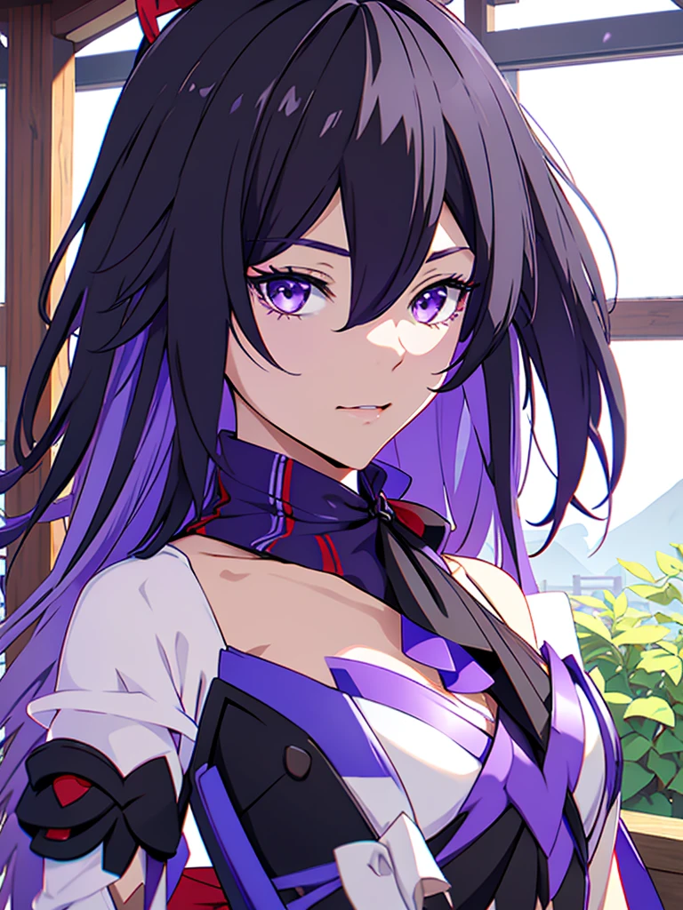 (Seele from honkai star rail), 1girl, wearing a long Japanese kimono, at a village, balck and purple hair, purple eyes, 8k, high detailed, high quality