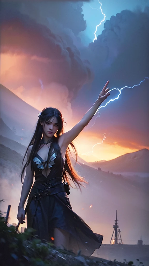 (masterpiece), cartoon, best quality，(photo_(medium):1.0), by Antonio J. Manzanedo, by Jeremy Lipking, lightning, in a surreal landscape, painting style with watercolor, Brushstrokes, black  eyes,colorful，vibrant colors,1girl