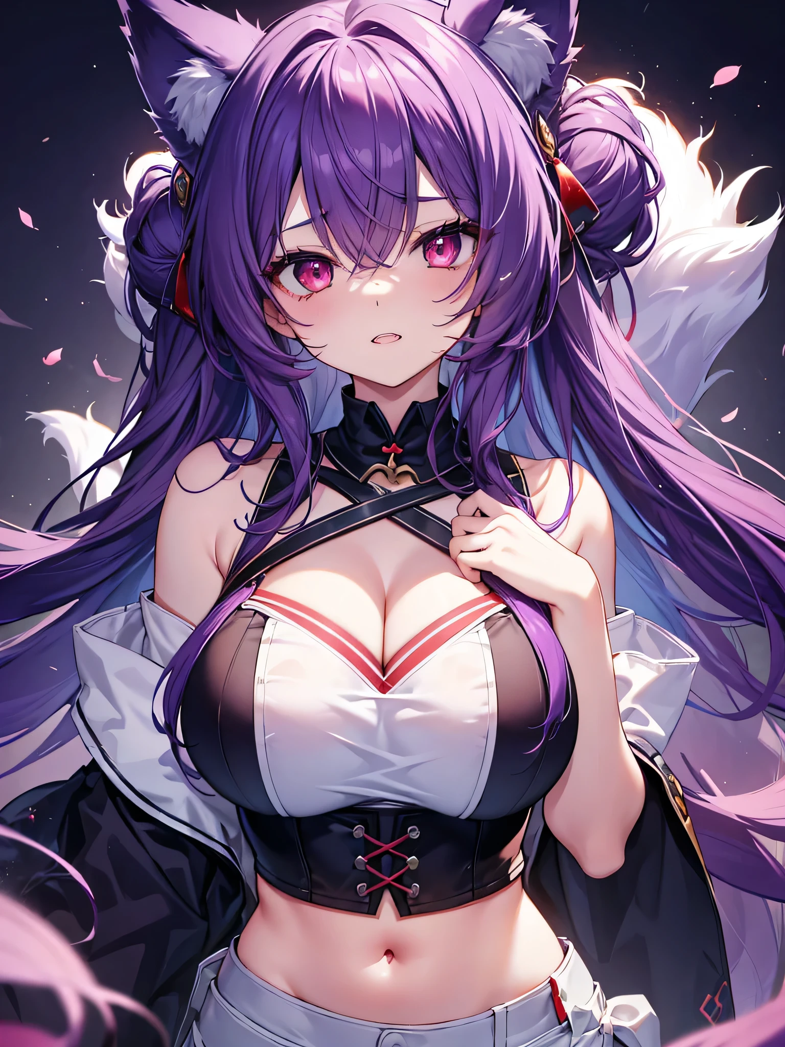 Fox Girl, Large Breasts, Voluminous purple hair, masterpiece , Red eyes, High resolution, Head to Chest, buried in my chest、Underbust、Yae Teeth、teeth、Crop tops