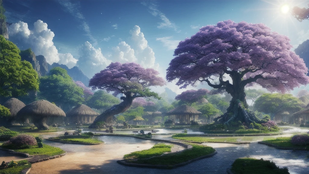 masterpiece, best quality, high quality, Extremely detailed CG unity 8k wallpaper, Surreal giant cyan rain tree, In a prehistoric village of the future, Splash, Sandy debris, lens flare, sunshine, Fluffy clouds, Ultra Detailed, HDR, bloom, Reality, Ultra Detailed