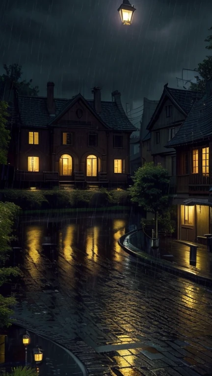 artistic. at night, Urban Scene. The night is pitch black. A landscape lit only by lanterns. heavy rain. Town Square, Glowing lanterns, House behind a cast iron fence, The house has different floors, Too many trees. heavy rain, downpour. Around the square, A car passes in the distance.Kitten under an umbrella