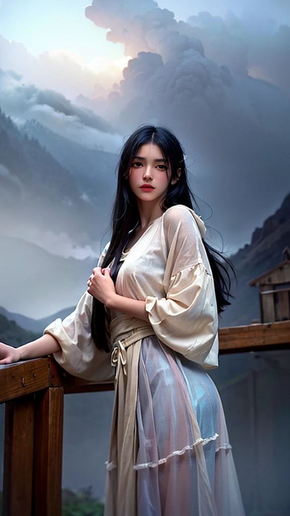 (masterpiece), cartoon, best quality,(photo_(medium):1.0), by Antonio J. Manzanedo, by Jeremy Lipking, lightning, in a surreal landscape, painting style with watercolor, Brushstrokes, black eyes,colorful,vibrant colors,1girl