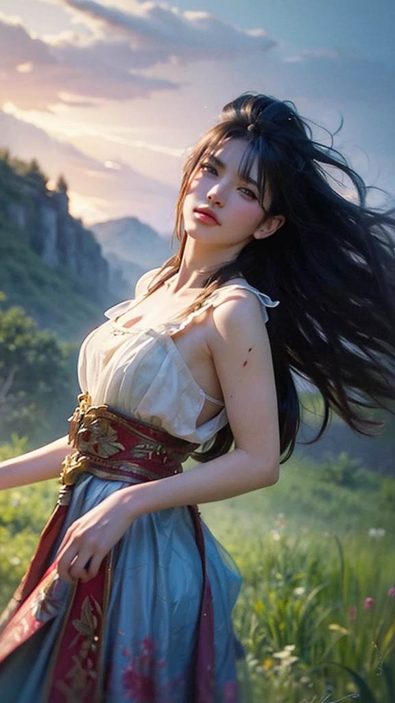 (masterpiece), cartoon, best quality，(photo_(medium):1.0), by Antonio J. Manzanedo, by Jeremy Lipking, lightning, in a surreal landscape, painting style with watercolor, Brushstrokes, black  eyes,colorful，vibrant colors,1girl
