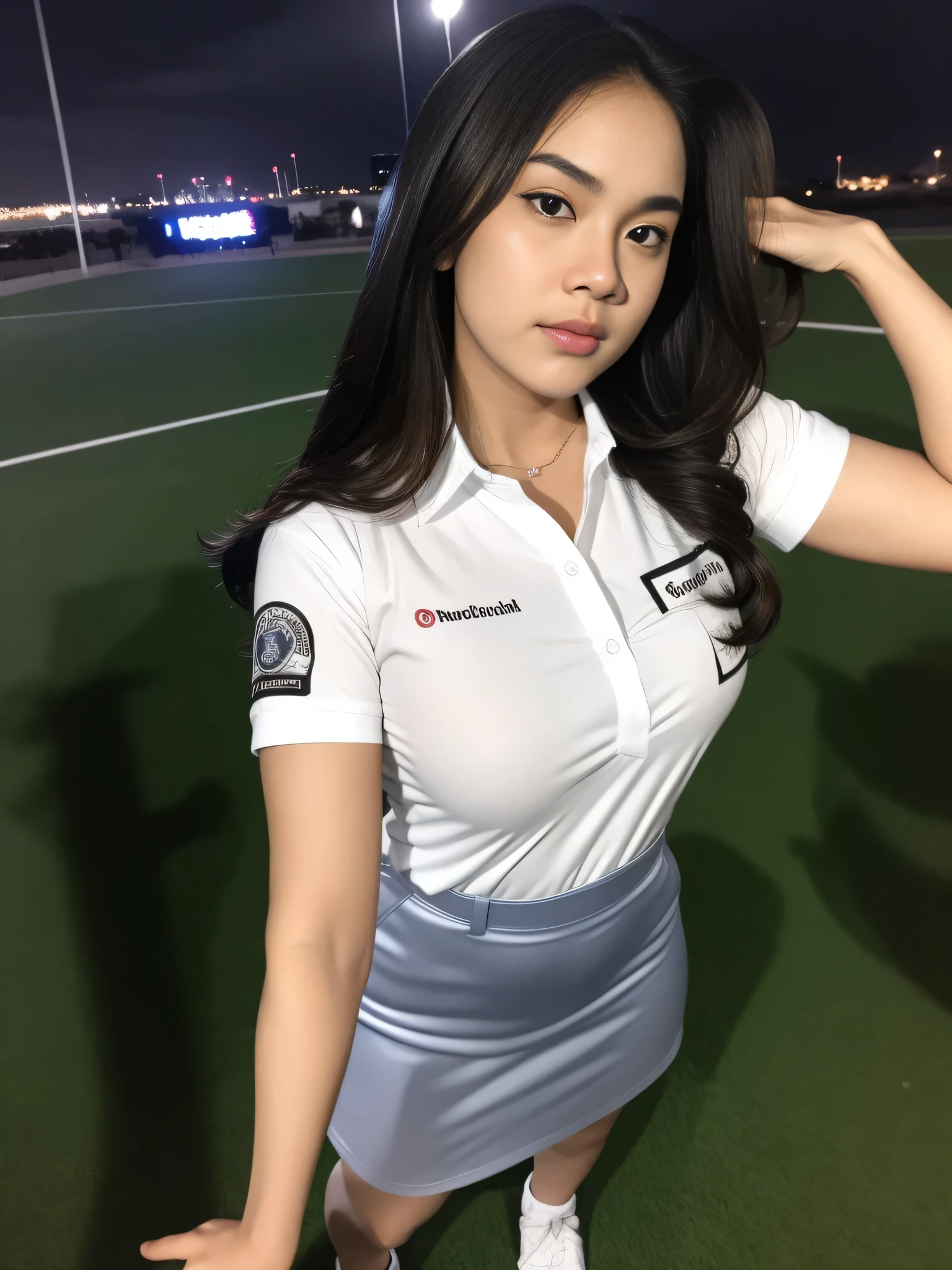 1girl, solo, (uniform), standing, outdoors, Night view, Metropolitan city scenery at the background, (ultra wide angle shot: 1.4), beautiful scenery, detailed face, cute angry face, detailed eyes, thick breasts, smooth skin, tight white shirt, grey blue short skirt, looking at the audience, low angle shot,(8k, RAW photo, best quality, masterpiece: 1.2), (realistic, realistic: 1.37), ultra-high resolution