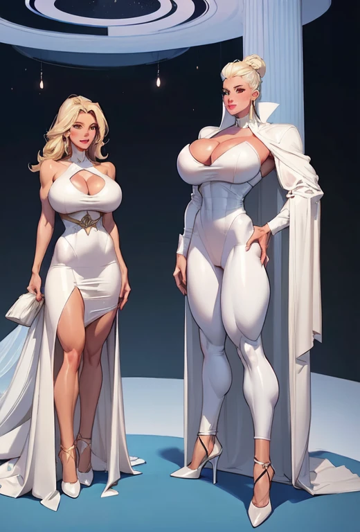 two women in white dresses standing next to each other, black-white skintight robes!, emma frost, beautiful sci - fi twins, dressed in white robes, in white clothes, white shiny skin, power girl, commission for high res, artgerm and genzoman, möbius and æon flux, glossy white armor, dressed in white