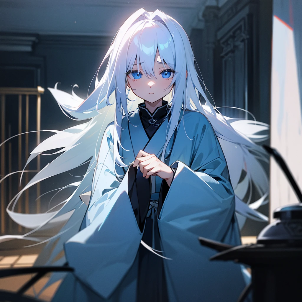 woman、Long white hair、Private Server、Inside the house、My Room、Blue jersey、blue eyes、Staring at me、Dark atmosphere、There is pity、Japanese Hikikomori、Highest quality