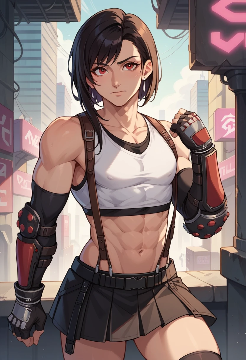 score_9, score_8_up, score_7_up, 1boy, solo, (male:1.5), male focus, male body, 7rtifa, red eyes, black hair, short hair, earrings, crop top, suspenders, pleated miniskirt, black thighhighs, arm guards, elbow gloves, fingerless gloves, impacted by pink ray, looking at you, dark futuristic city,
