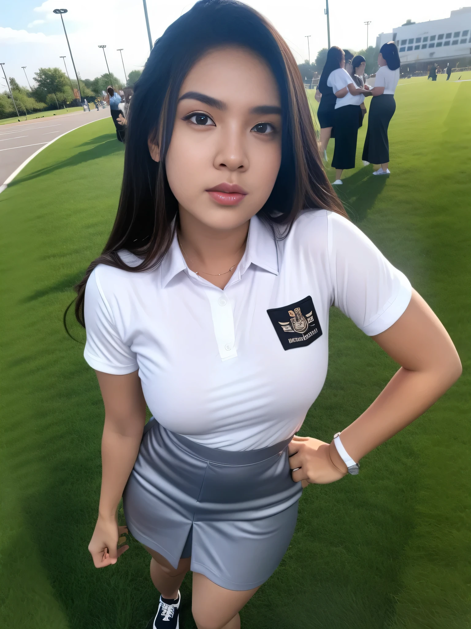 1girl, solo, (uniform), standing, outdoors, Night view, Metropolitan city scenery at the background, (ultra wide angle shot: 1.4), beautiful scenery, detailed face, cute angry face, detailed eyes, thick breasts, smooth skin, tight white shirt, grey blue short skirt, looking at the audience, low angle shot,(8k, RAW photo, best quality, masterpiece: 1.2), (realistic, realistic: 1.37), ultra-high resolution
