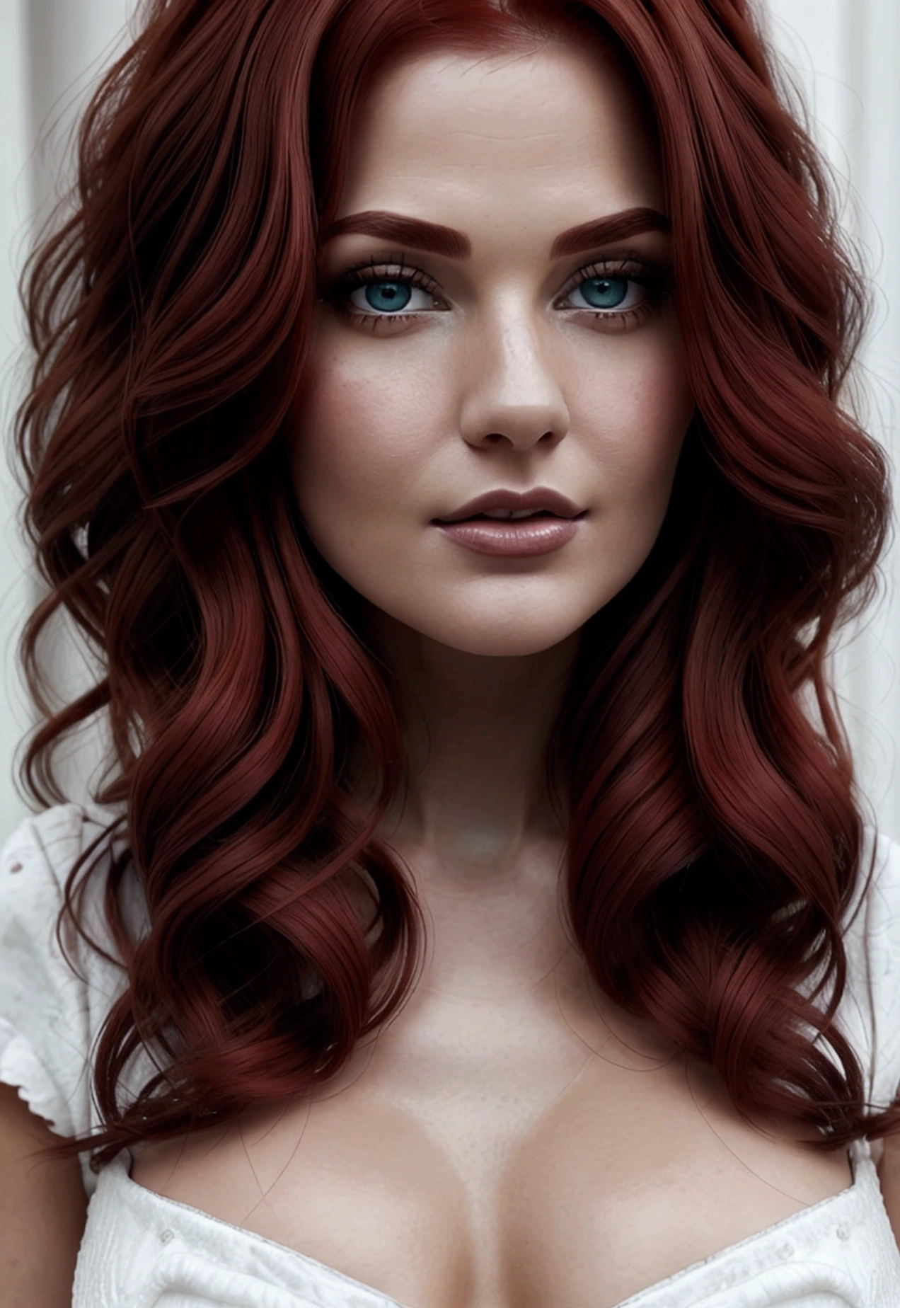 a close-up of a woman in a white dress and dark red hair, a portrait, breasts big