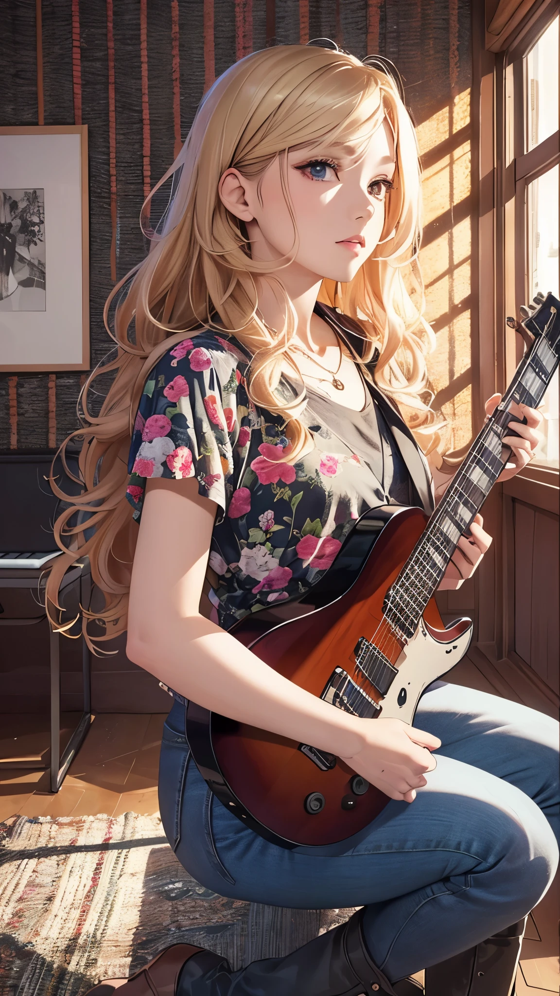 (highest quality,4K,8K,High resolution,table top:1.2), Super detailed, (realistic,photorealistic,photo-realistic:1.37), ((full body)),rage, Unfortunate,((blonde hair)), ((long hair)),black camisole, damaged denim jeans,necklace,((playing-the-guitar)),((sing-a-song)),beautiful and detailed eyes, beautiful detailed lips, highly detailed eyes and face, long eyelashes, realistic anime 3D style, Smooth anime CG art, Digital rendering by Makoto Shinkai, Moe anime art style, photorealistic rendering of an anime girl, Shinkai Makoto style, Cute anime girl visuals, realistic young anime girl, girl fan art, Created by Anime Artist'studio of.