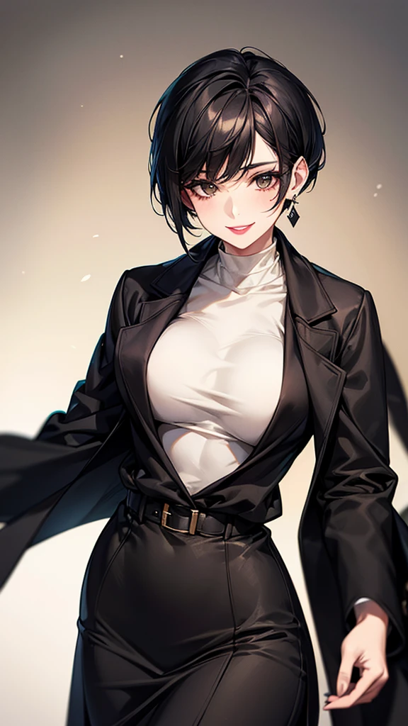 mature beautiful woman,breast,whey,Generous,Smile,earrings,Lipstick,Black short hair,Hairstyle without bangs,Green wool coat,Black long skirt,Wearing a white doctor's gown,Inside the medical clinic