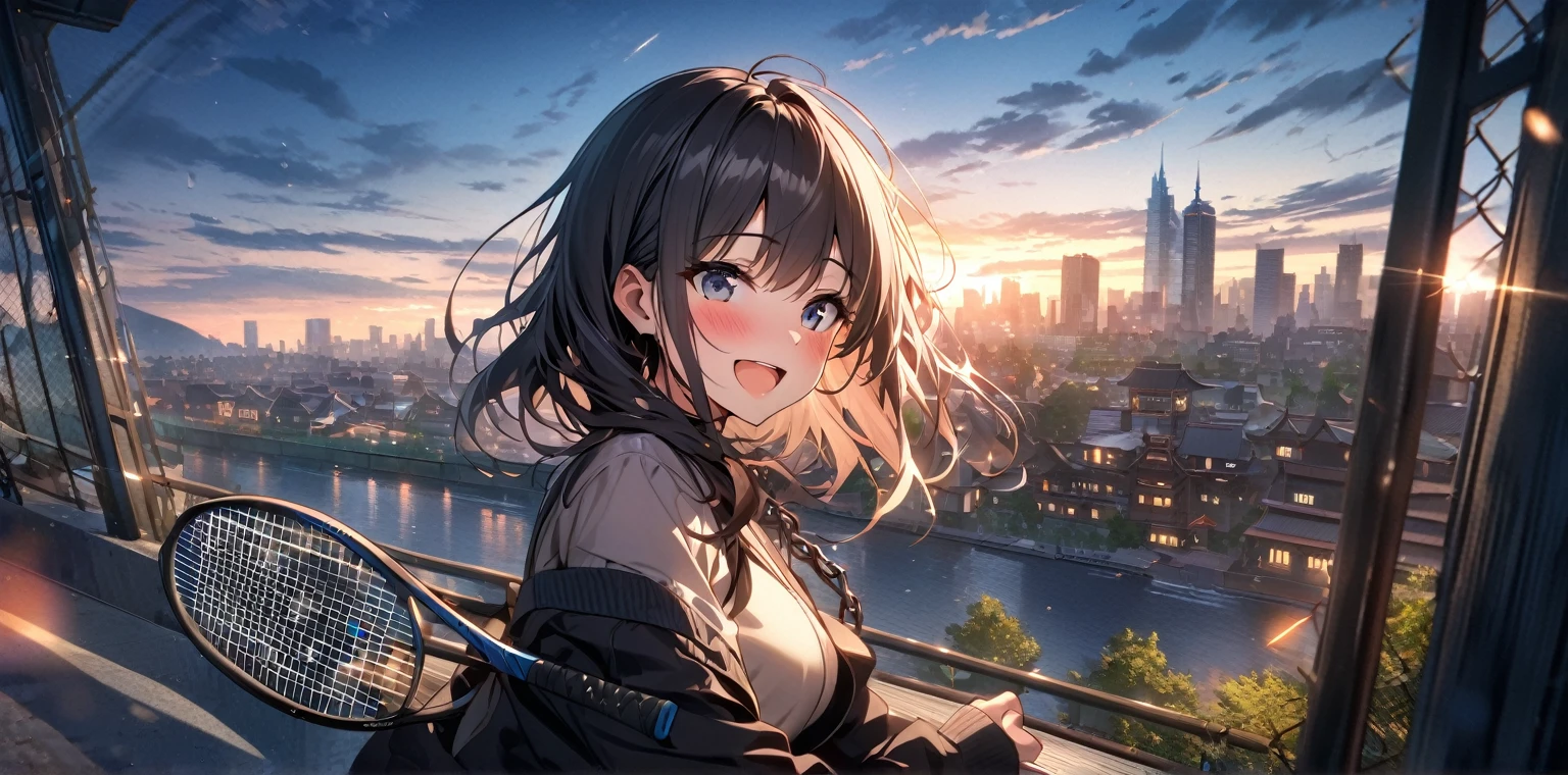 (masterpiece:1.2) (best quality) (detailed) (intricate) (8k) (HDR) (wallpaper) (cinematic lighting) (sharp focus),1girl, building, chain-link_fence, fence, skyscraper, cityscape, ferris_wheel, blue_sky, city, racket, sky, blush, tennis_racket, skyline, rooftop, architecture, smile, day, east_asian_architecture, lens_flare, tower, bridge, house, open_mouth, real_world_location, Abigail