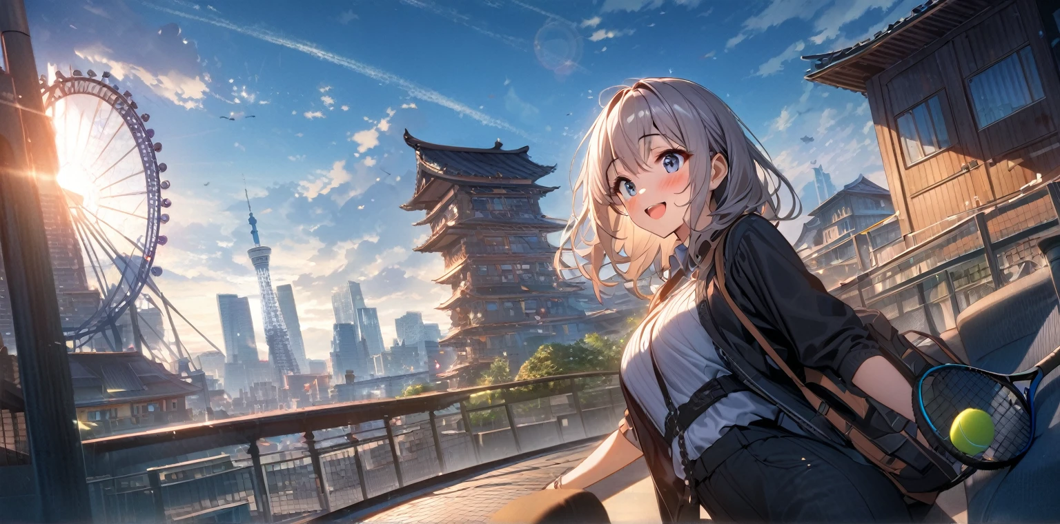 (masterpiece:1.2) (best quality) (detailed) (intricate) (8k) (HDR) (wallpaper) (cinematic lighting) (sharp focus),1girl, building, chain-link_fence, fence, skyscraper, cityscape, ferris_wheel, blue_sky, city, racket, sky, blush, tennis_racket, skyline, rooftop, architecture, smile, day, east_asian_architecture, lens_flare, tower, bridge, house, open_mouth, real_world_location, Abigail