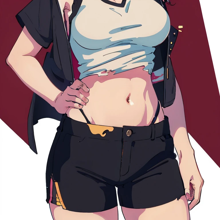 Anime Kawaii sexy Perfect Slim sensual body large breast and huge thighs, An intricate and highly detailed illustration of anime (Young girl)  8k, work of art, best qualityer, practical, very detailled, 1 mixed race girl, Healthy body, practical skin texture, breasts big, looking at the audience, cropped shirt, cropped skinny t-shirt, Vest, under,Vest showing leather, under , Miniature skirt, sexy pants, Torn shorts and exposed skin, Ripping shorts, showing underwear, The shorts are too tight，Perhaps&#39;Cannot be compressed.,Lumiere, Facial Focus, good eyes, 精致的面容, bright face.., giorno, Outdoor cafe in the background, low angle shot, Watch below,Beautiful tattoos,belly cake,tattoo on arm,Waiting for the thigh tattoo,Waiting for the belly,chest tattoo