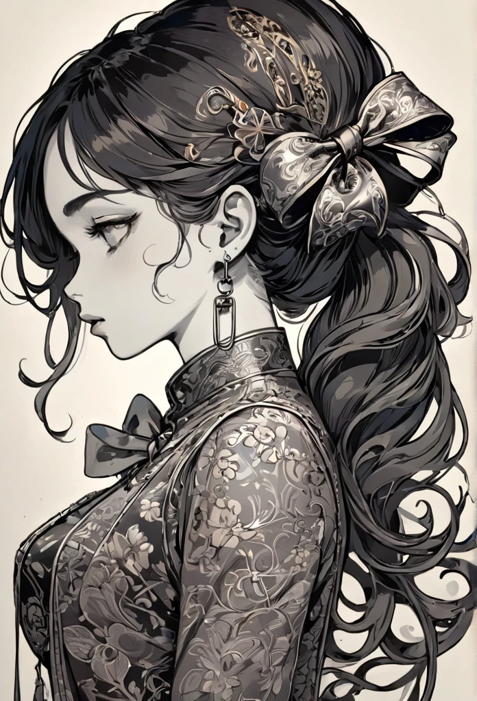 There is a picture of a safety pin., ornamental bow, Exquisite ink painting, Ink Artwork, Very fine line drawing, Masterpiece Ink Illustrations, Ink illustration with shadows, Highly detailed line art, Art Nouveau ink illustrations, Detailed ink illustration, Very detailed sketch, intricate detailed illustration, Thick Bow, Detailed ink drawing, Detailed illustrations,