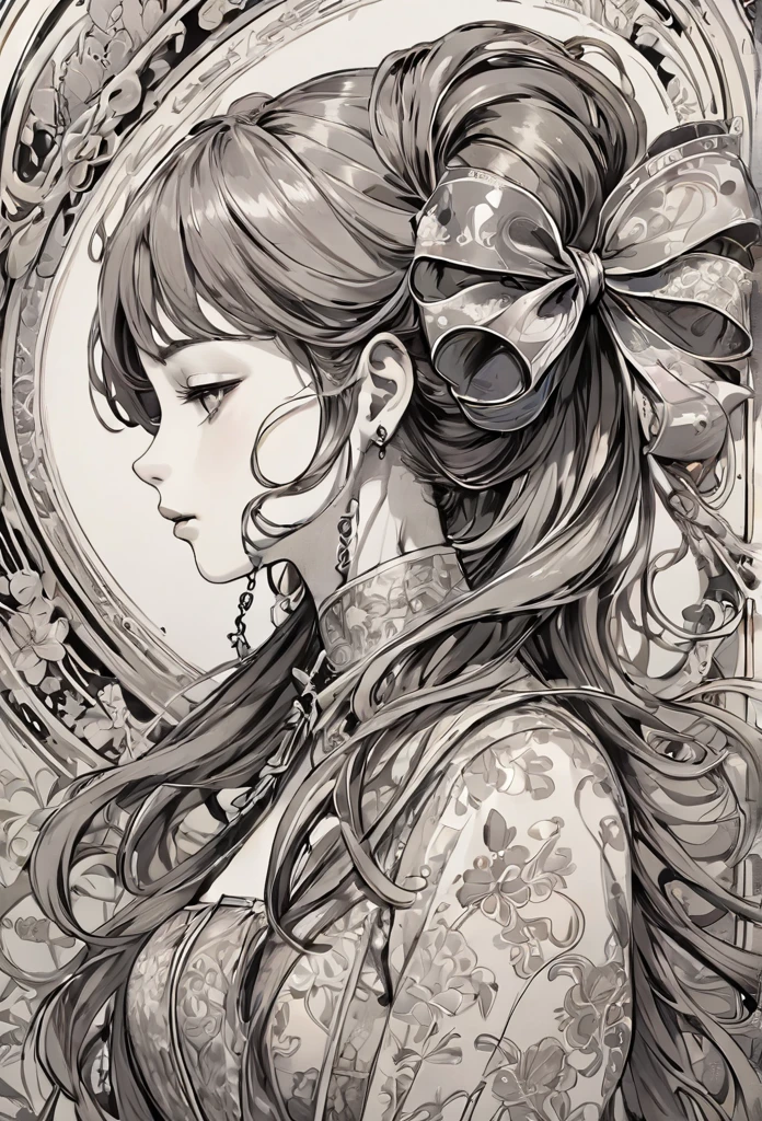 There is a picture of a safety pin., ornamental bow, Exquisite ink painting, Ink Artwork, Very fine line drawing, Masterpiece Ink Illustrations, Ink illustration with shadows, Highly detailed line art, Art Nouveau ink illustrations, Detailed ink illustration, Very detailed sketch, intricate detailed illustration, Thick Bow, Detailed ink drawing, Detailed illustrations,