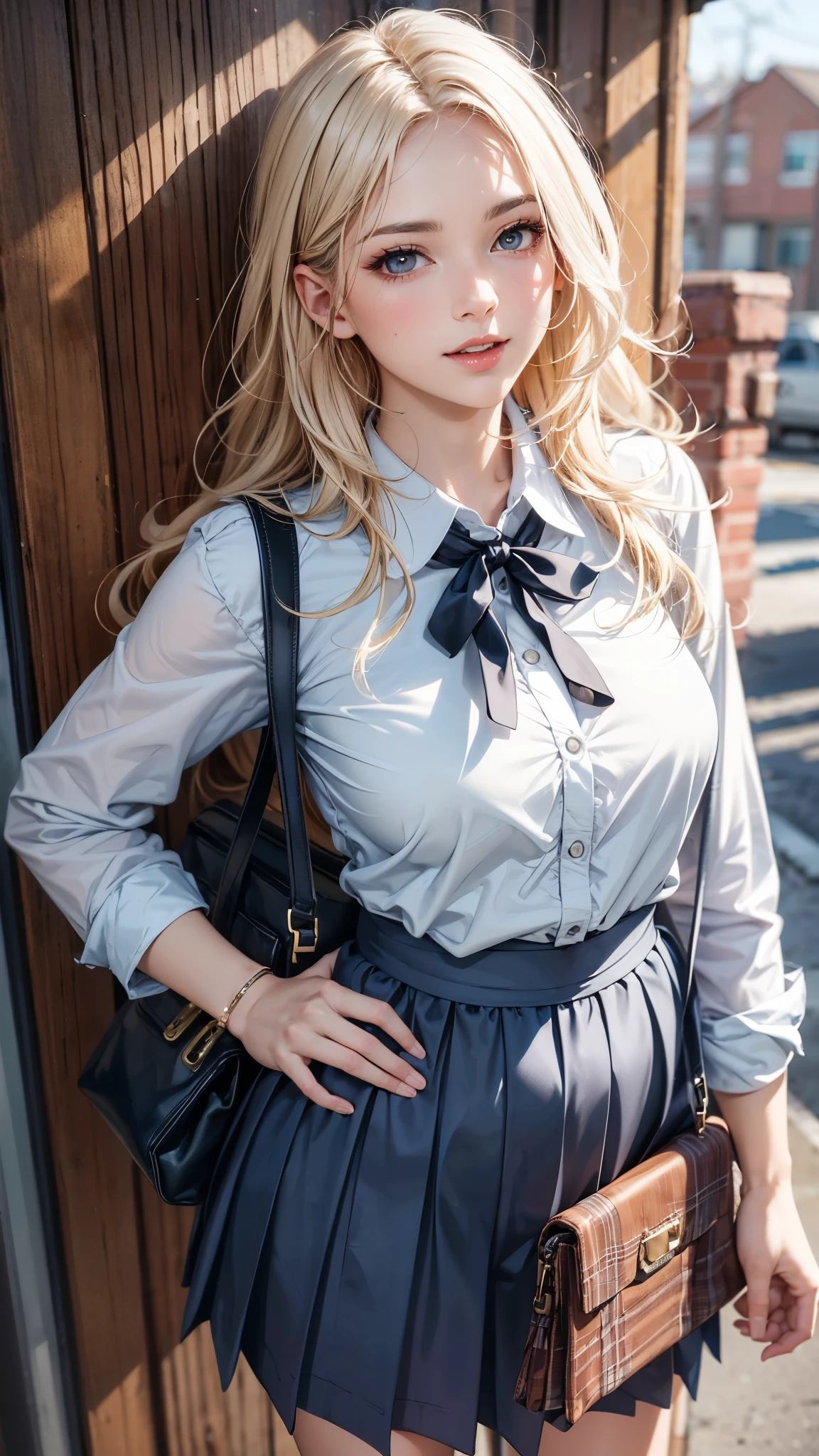 (best quality,4k,8k,highres,masterpiece:1.2),ultra-detailed,(realistic,photorealistic,photo-realistic:1.37),(cowboy shot),(from above),beautiful detailed eyes,beautiful detailed lips,extremely detailed eyes and face,long eyelashes,feminine,blonde long wavy hair,(professional,model-like:1.1) laugh,pose,(left-hand on hip,graceful,elegant:nine),high-school uniform,pleated skirt,dark-blue high socks,shoulder bag,slim waist,