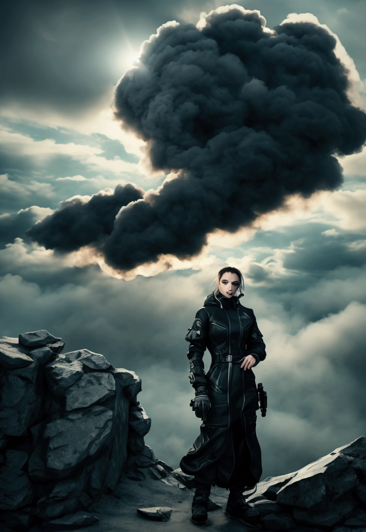 a skier sits on the railing and smoke billows in the background, in front of the smoke behind, in front of dark smoke, darkwave gothic aesthetics, I look at the sky, Cyberpunk-streetwear, photo of a woman in techwear style, The Virtual Self, HQ 4K Phone Wallpaper, in clouds of smoke, epic 3d abstract, with smoke, a flock of birds flying in the background, Cartoon graphics
