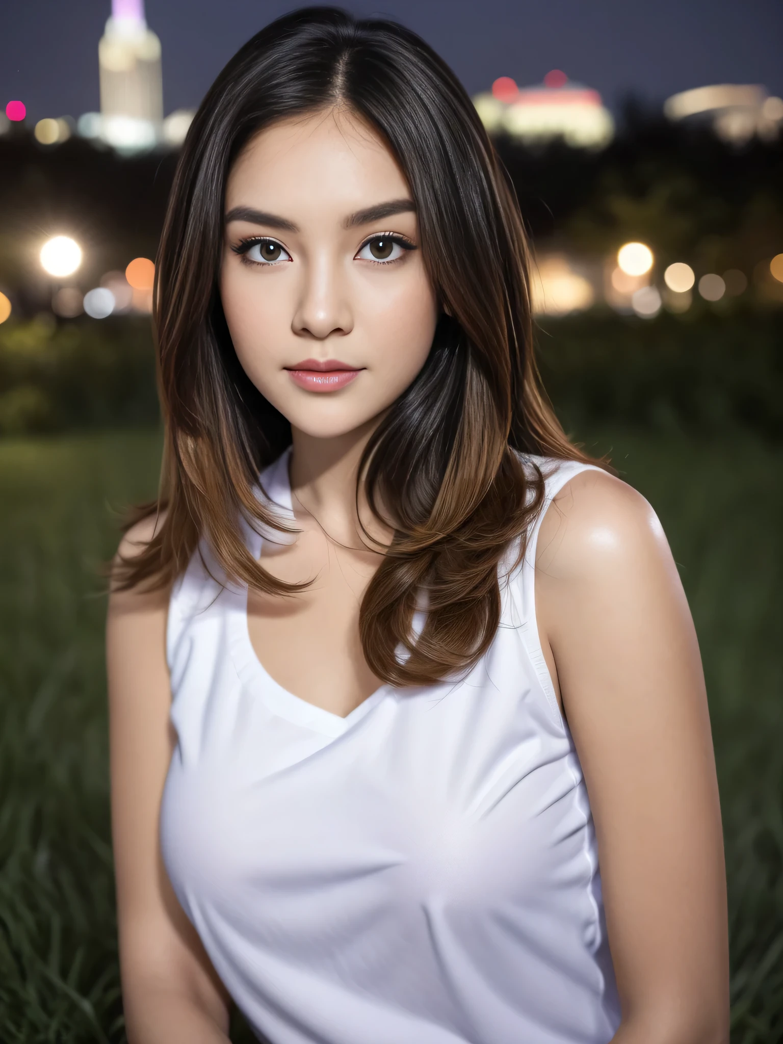 1girl, (uniform), standing, outdoors, night view, detailed Metropolitan city at the background, (above head shot: 1.4), detailed face, detailed eyes, brunette, big breasts, smooth realistic skin, semi-curvy body, white tanktop, grey blue gym short, looking at the audience, (8k, RAW photo, best quality, masterpiece: 1.2), (realistic, realistic: 1.37), ultra-high resolution