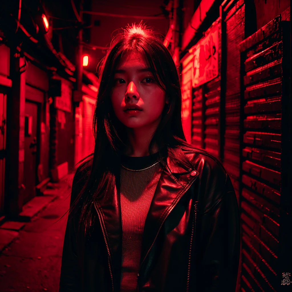 a closeup of a women with long hair, smooth and black, popular korean makeup, tomboy, South Korean popular makeup, The  Korean girl is in an empty, dark alley illuminated by red lights., The girl wears red leather clothes and can barely see each other because of the dark vibe of the alley., the red light is not as intense making the darkness noticeable, the alley is dark without any kind of light, The girl is standing and you can see their whole body.,