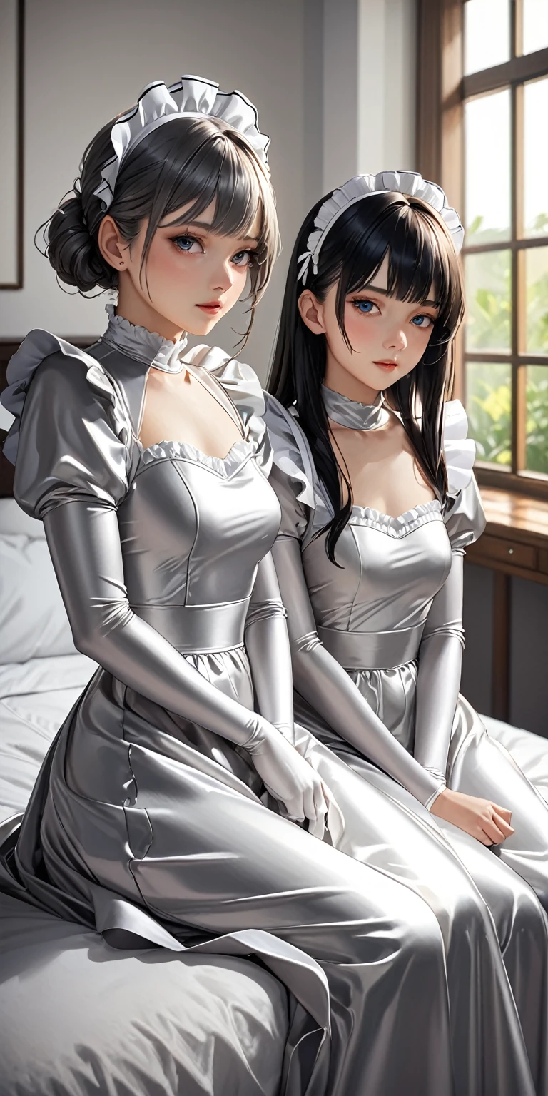 Portraiture、(masterpiece,Highest quality,Ultra-high resolution),Japanese women,Komi Shouko,(((Very beautiful 2 girl))),(White latex maid outfit)、(White latex long skirt)、(White latex long sleeve shirt)、White latex long gloves、White latex socks、Latex bodysuit、Latex is very shiny、Dark bedroom at night、