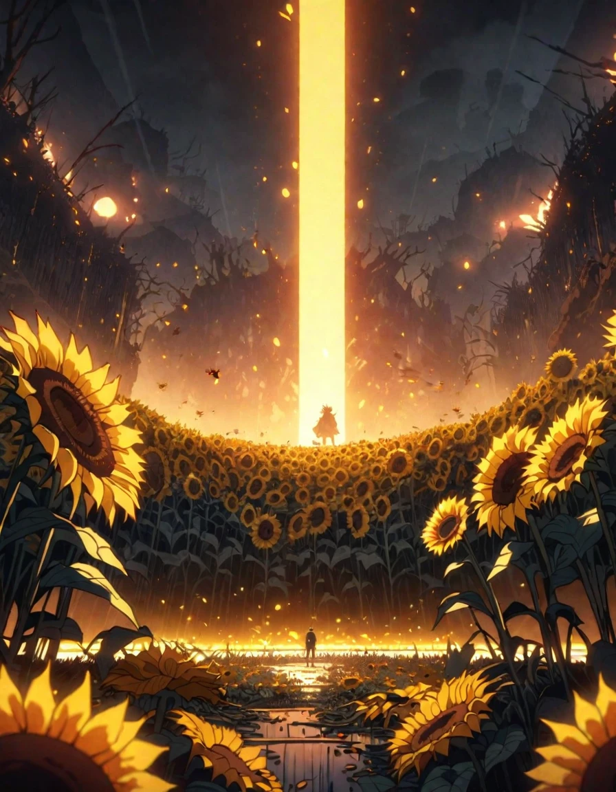 anime scenery, anime aestetics, huge sunflower, rotten sunflower, old farmfield, flies in the air, sad atmosphere, glowing light orange seeds, spiky stem, old flower, toxic swamp,toxic yellow fog, dim light, front view, wide shot, atmospheric perspective, perspective, pov, 8k, highres, best quality, award winning, super detail, masterpiece