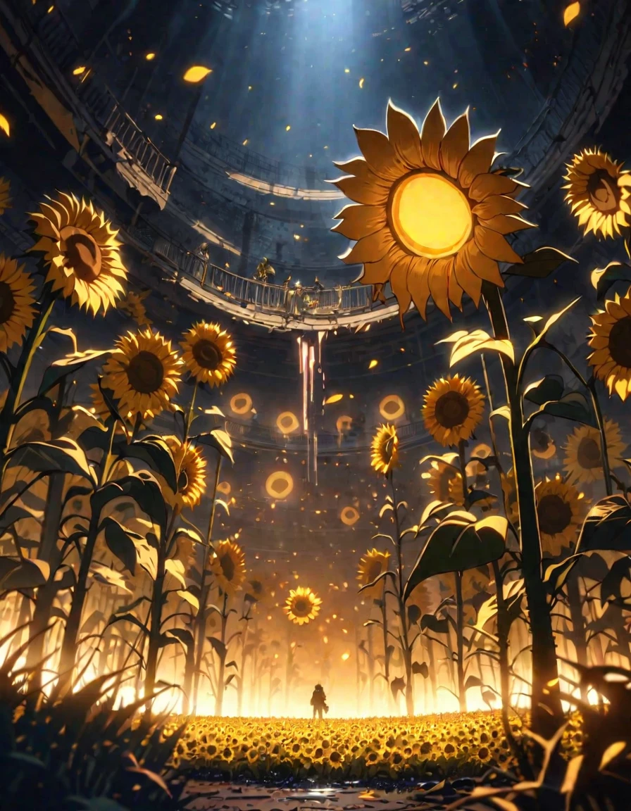  anime scenery, anime aestetics, huge sunflower, rotten sunflower, old farmfield, flies in the air, sad atmosphere, glowing light orange seeds, spiky stem, old flower, toxic swamp,toxic yellow fog, dim light, front view, wide shot, atmospheric perspective, perspective, pov, 8k, highres, best quality, award winning, super detail, masterpiece