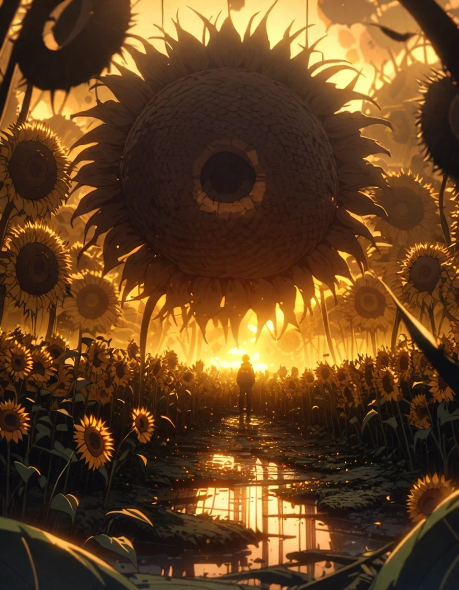 anime scenery, anime aestetics, huge sunflower, rotten sunflower, old farmfield, flies in the air, sad atmosphere, glowing light orange seeds, spiky stem, old flower, toxic swamp,toxic yellow fog, dim light, front view, wide shot, atmospheric perspective, perspective, pov, 8k, highres, best quality, award winning, super detail, masterpiece