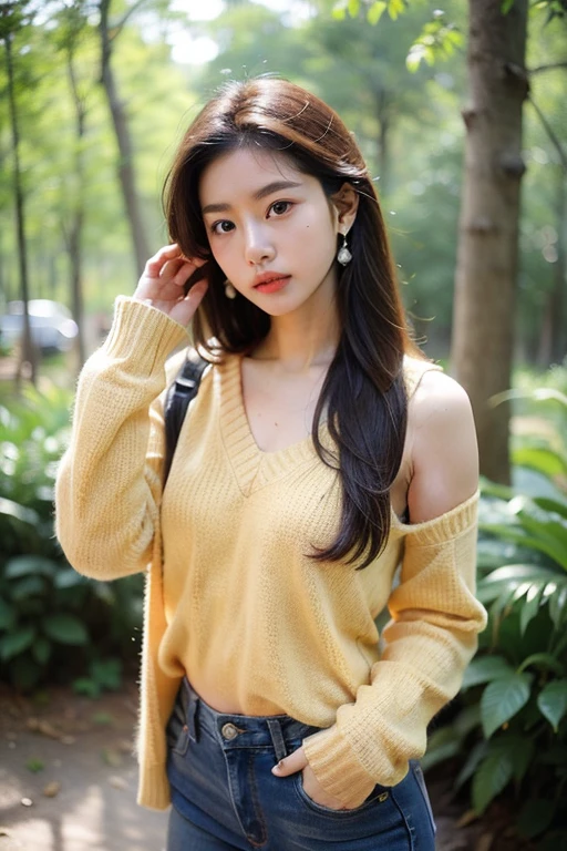 A picture of a young 18 year old woman in a forest. she is slim and muscular. She has a diamond-shaped face, fine eyebrows, sharp-angled yellow eyes, bright flawless skin, straight chest-length reddish brown hair and wears small ear studs. She wears a tight yellow sweater and jeans. She has a scar on her left wrist and a neutral facial expression. She is of Korean descent.