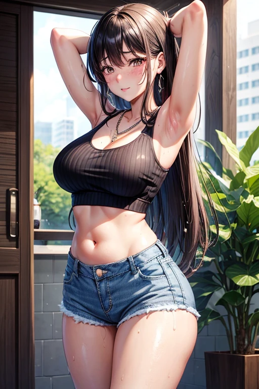 Kaori, Single model, solo, half Asian, half Latino, very long straight black hair, freckles, blushing, wet eyes, long chain pendant, very large heavy breasts, chubby, belly, stretchmarks, fitted pink ribbed crop top, torn jeans