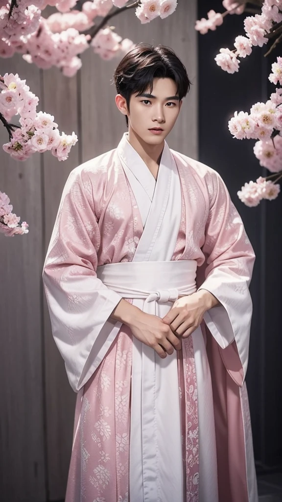1 Handsome chinese slim guy fucking, having sex, full naked , 20 years old, A pattern of pink-white martial art clothes with wind motif and robe for male. The design is inspired by hanfu.